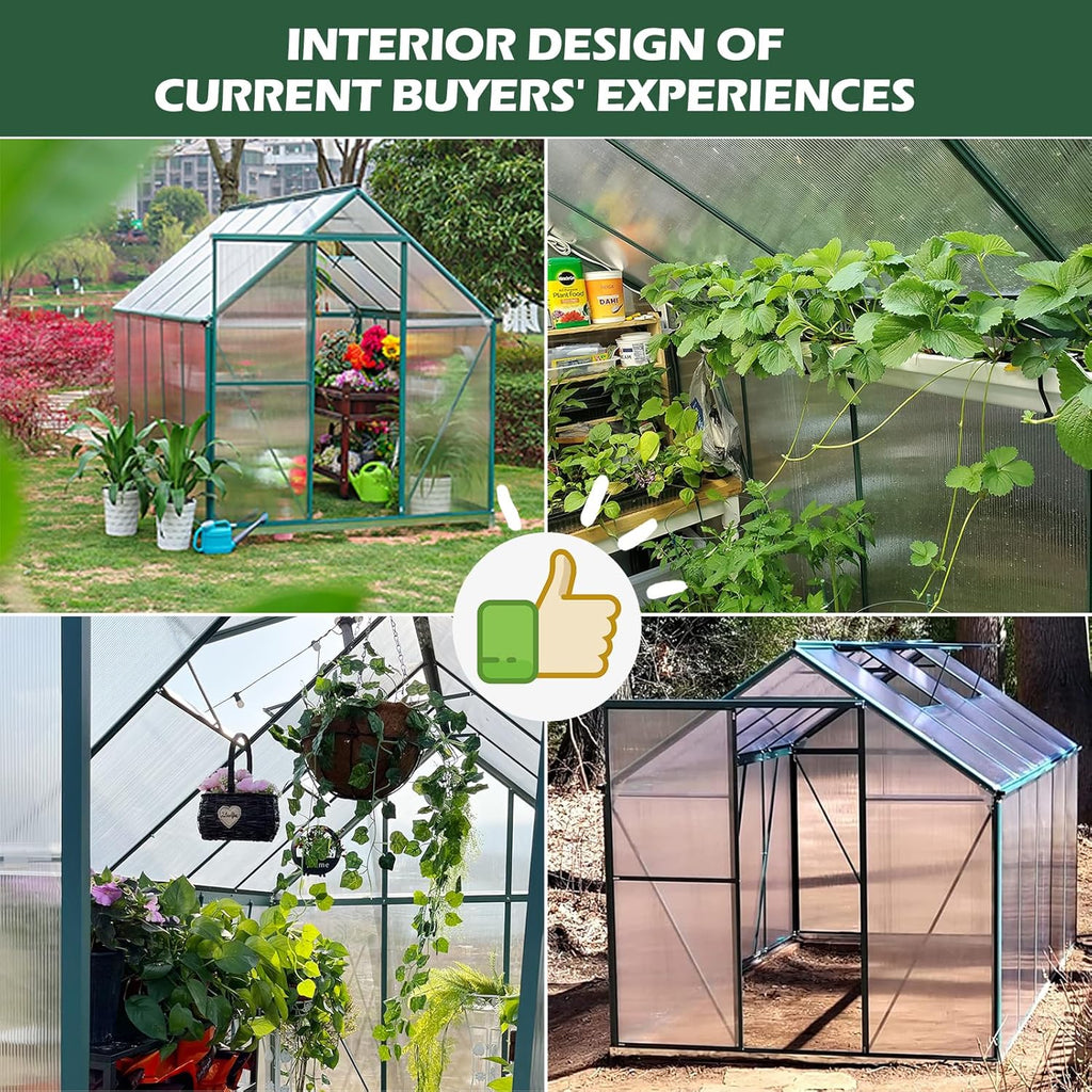 6'x10' Walk-in Greenhouse with 4mm 800G Polycarbonate Panels - Heavy-Duty Aluminum Frame, Wind/Snow Resistant for Gardening, Includes Sliding Door & Ventilation Windows (Green)