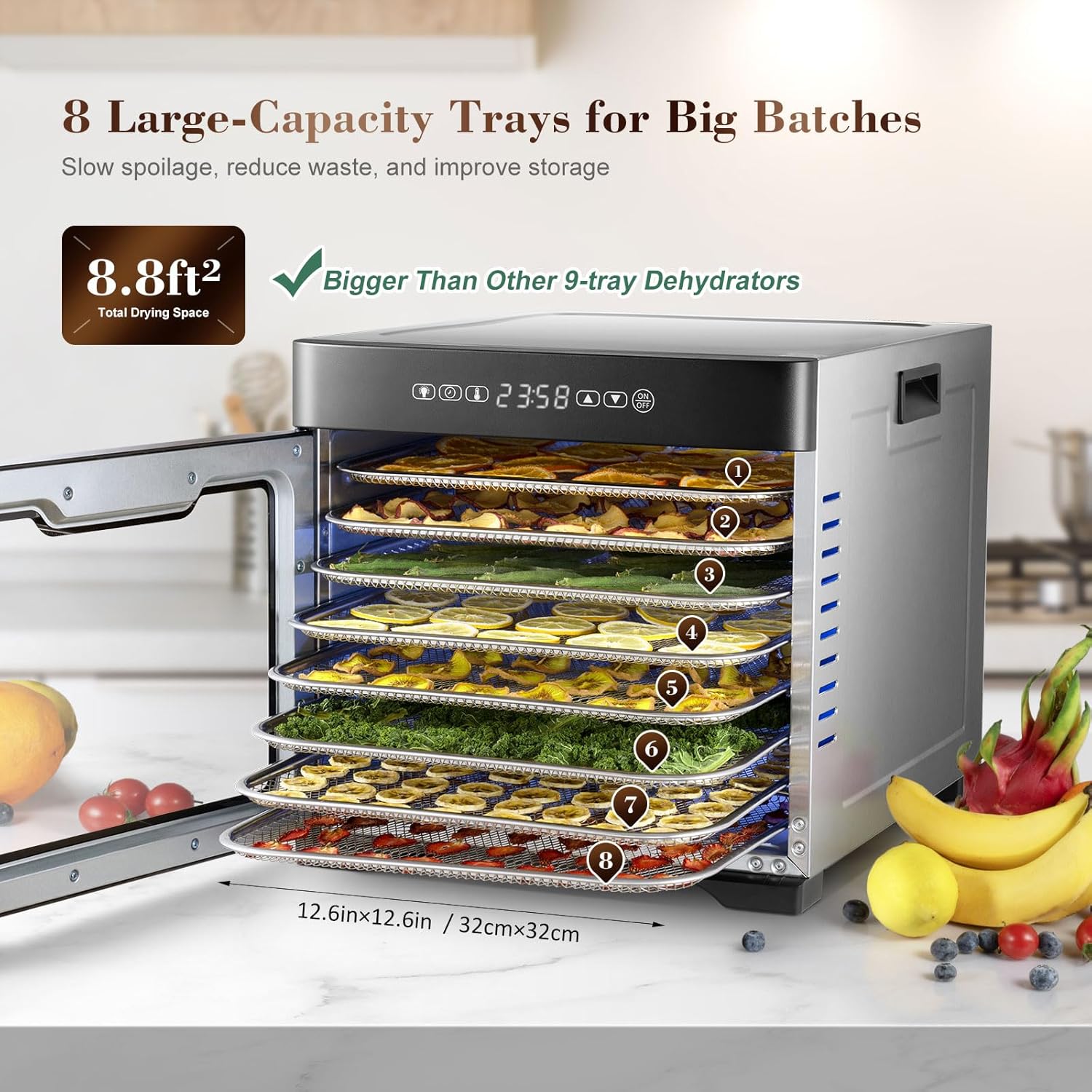 Commercial Large 12 Trays Food Dehydrator, Usable Area up to 22.67ft², 1200W Full Stainless Steel Dryer Machine, up to 190℉ Temperature, for Meat, Fruit, Veggies, Beef, Herbs, Pet Foods