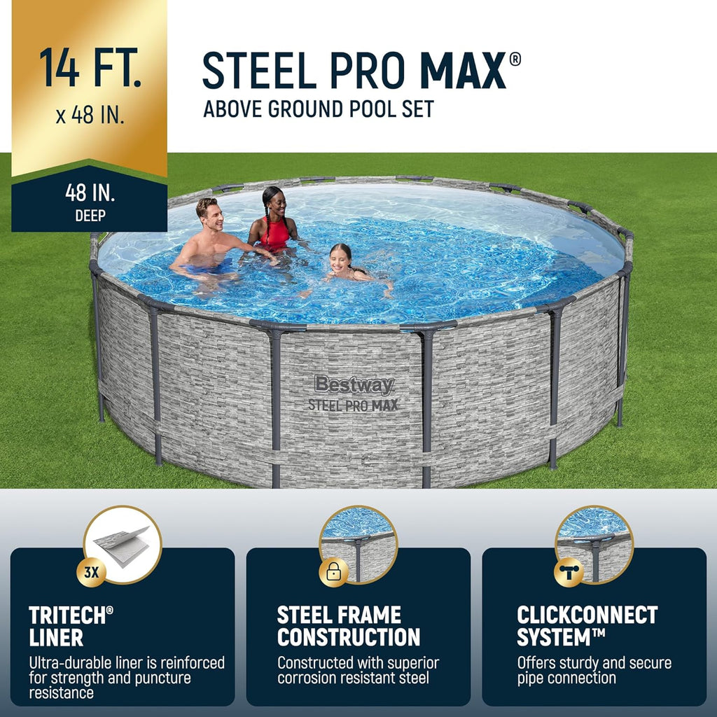 Above Ground Swimming Pool w/ Pump, Cover, & Ladder, 14' x 48", Steel Pro MAX, Gray - Backyard Outdoor Round Pool w/ Filter, 42-Inch Deep Water