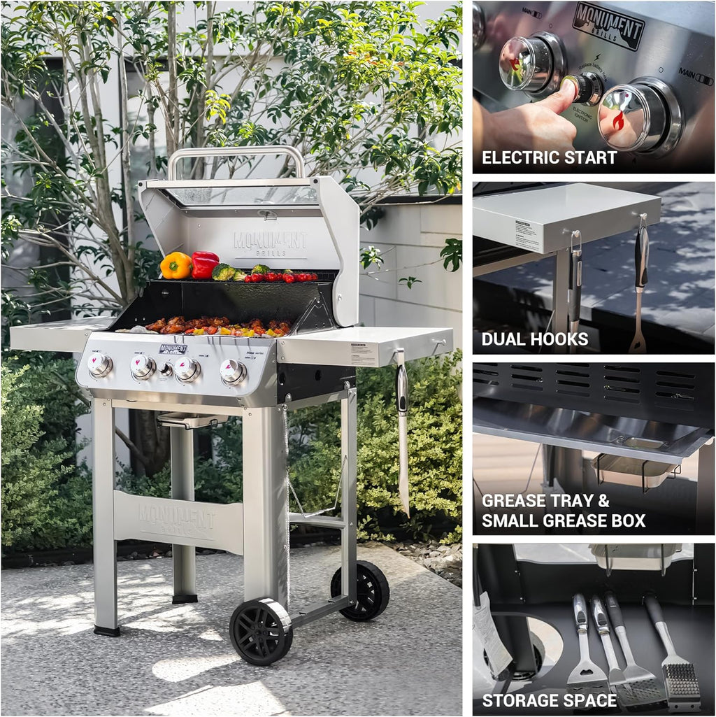 Grills 4-Burner Liquid Propane Gas Grill, Silver Stainless Steel Grill Outdoor Patio Garden Barbecue Grill with Clearview® Lid and One Foldable Shelf, Mesa400MF