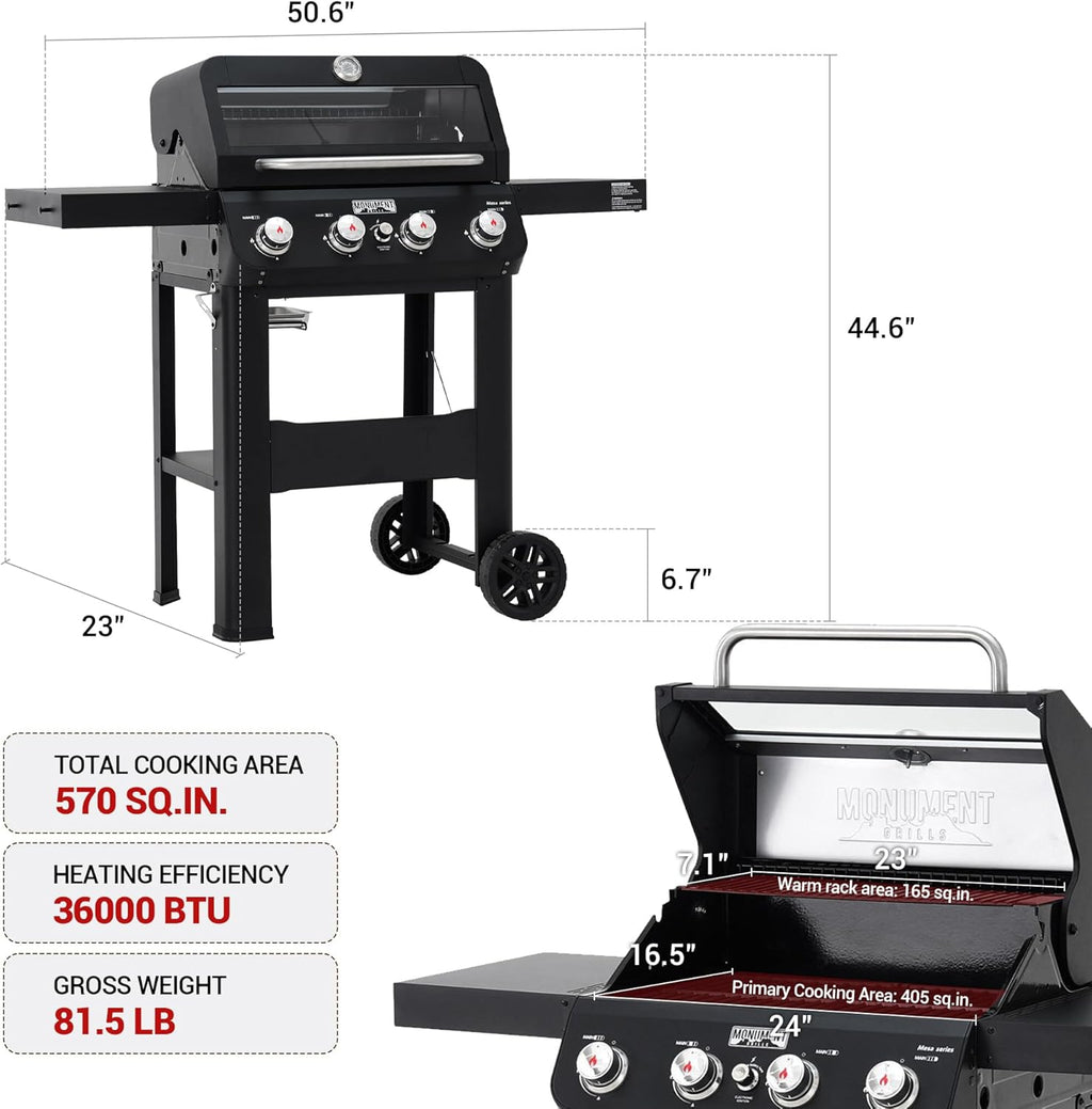 Grills 4-Burner Liquid Propane Gas Grill, Silver Stainless Steel Grill Outdoor Patio Garden Barbecue Grill with Clearview® Lid and One Foldable Shelf, Mesa400MF