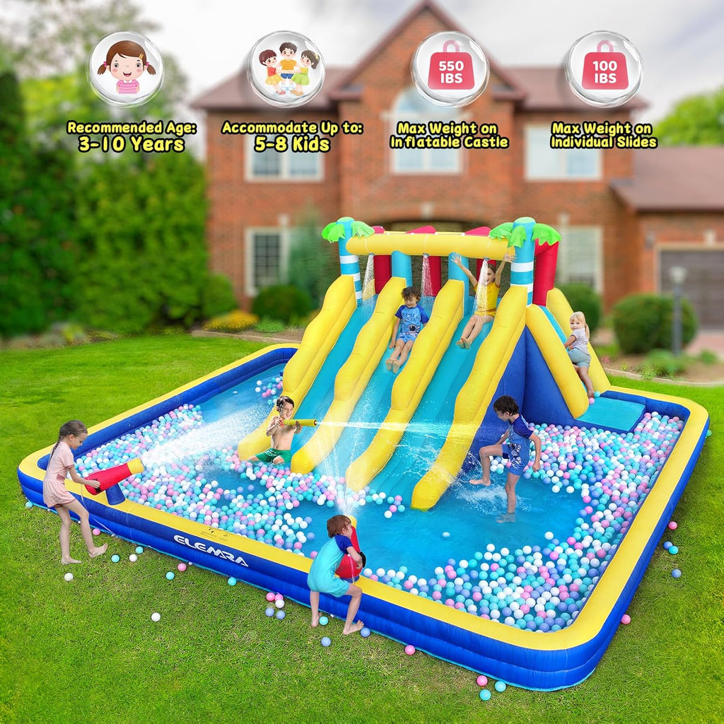 20.66x16.4FT Inflatable Water Slide for Big Kids, Water Park for Kids Backyard with Large Double-Layer Pool,3 Extra-Long Slides,Climbing Wall, 2 Water Cannons, Water Spraying, 750W Air Blower