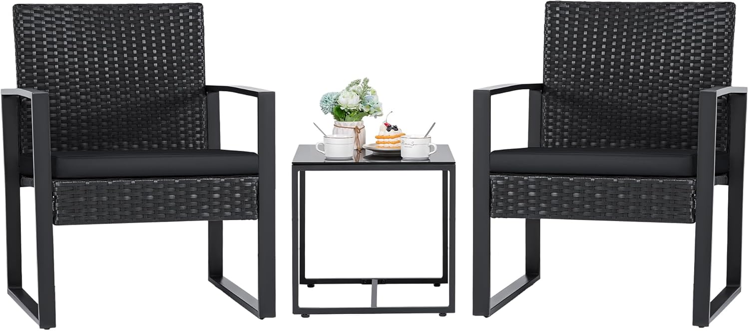 3 Pieces Patio Set Outdoor Wicker Furniture Sets Modern Rattan Chair Conversation Sets with Coffee Table for Yard and Bistro (Black)