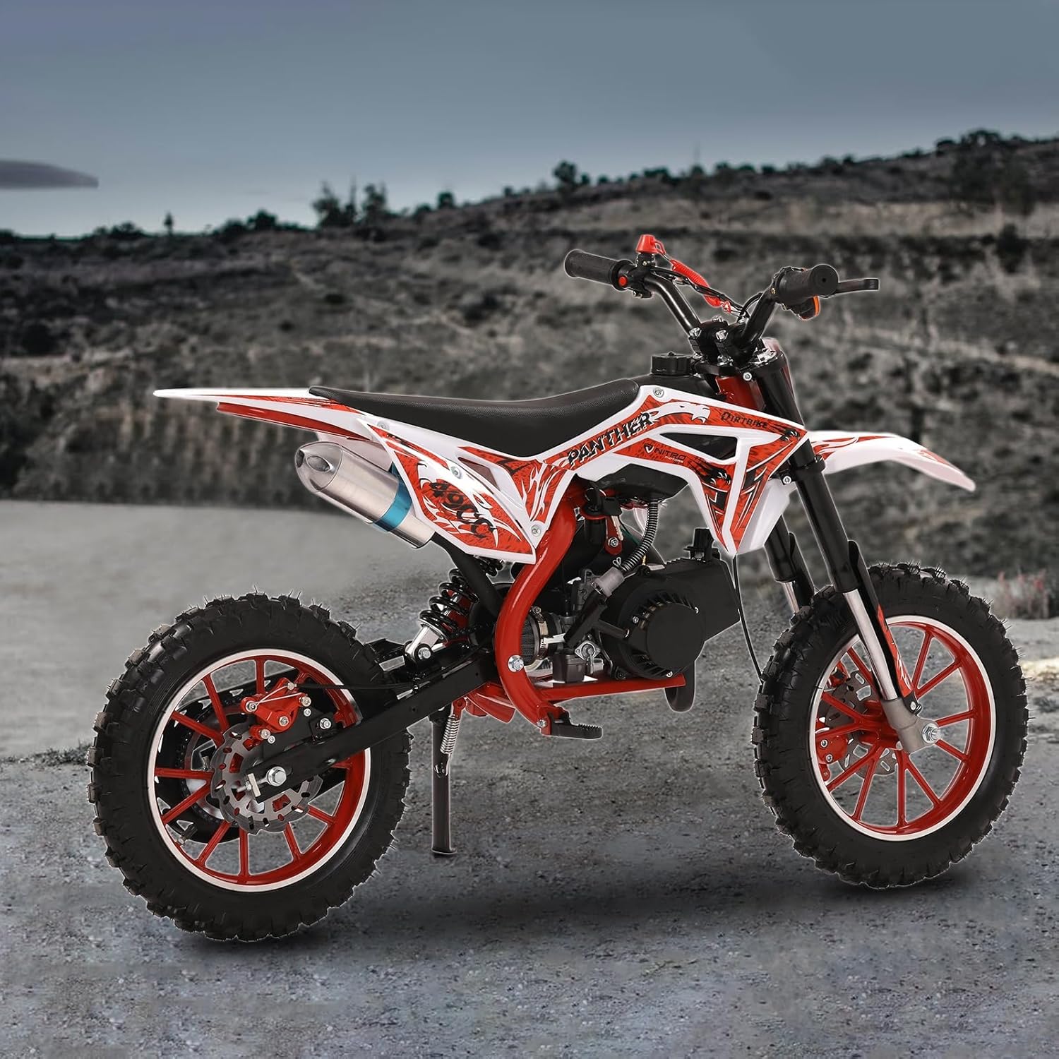 49cc Kids Dirt Bike, Gas Powered 2-Stroke Mini Motocross Motorcycle, Off-Road Dirtbike for Kids 8-14 with Front/Rear Disc Brakes, Shock Absorption, Soft Seat Cushion