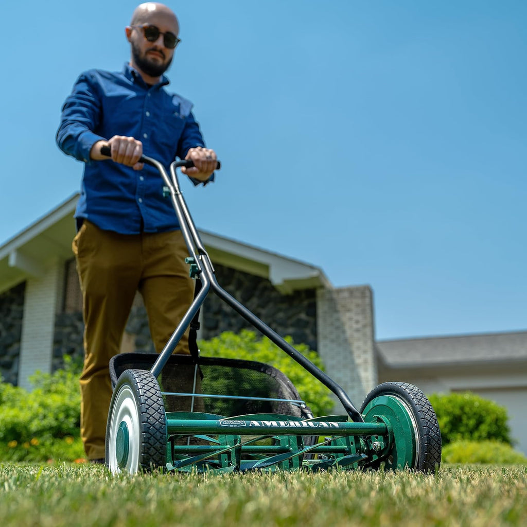 Mower Company 1725-16GC 16-inch 7-blade reel mower with grass debris collection device, designed specifically for lawns, green model