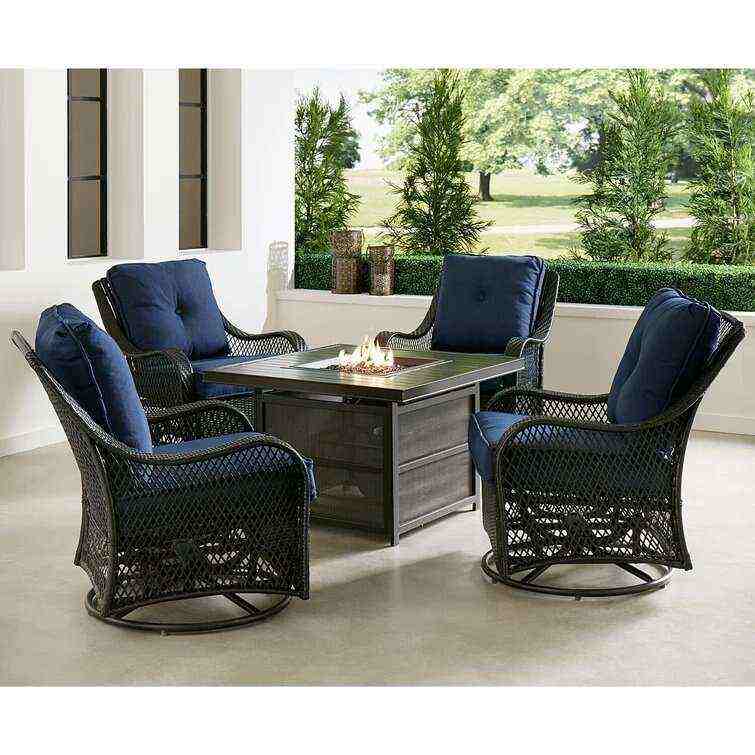 Orleans 5-Piece Steel Patio Fire Pit Conversation Set with Navy Blue C - Bed Bath & Beyond