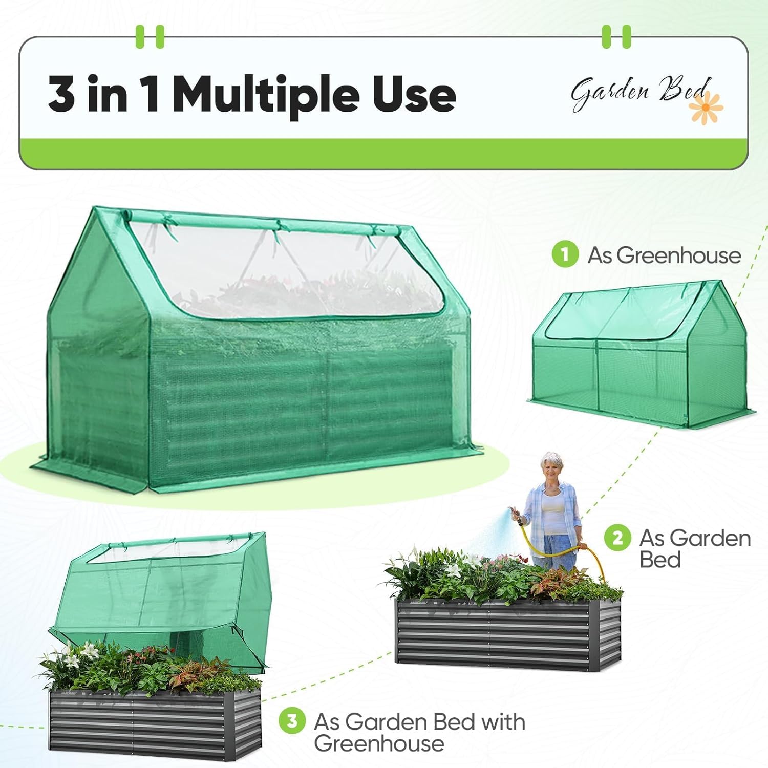 Raised Garden Bed with Cover Outdoor Galvanized Metal Planter Box Kit, w/ 2 Large Screen Windows Mini Greenhouse 20pcs T Tags 1 Pair of Gloves Included for Growing Vegetables 6x3x1ft (Clear)