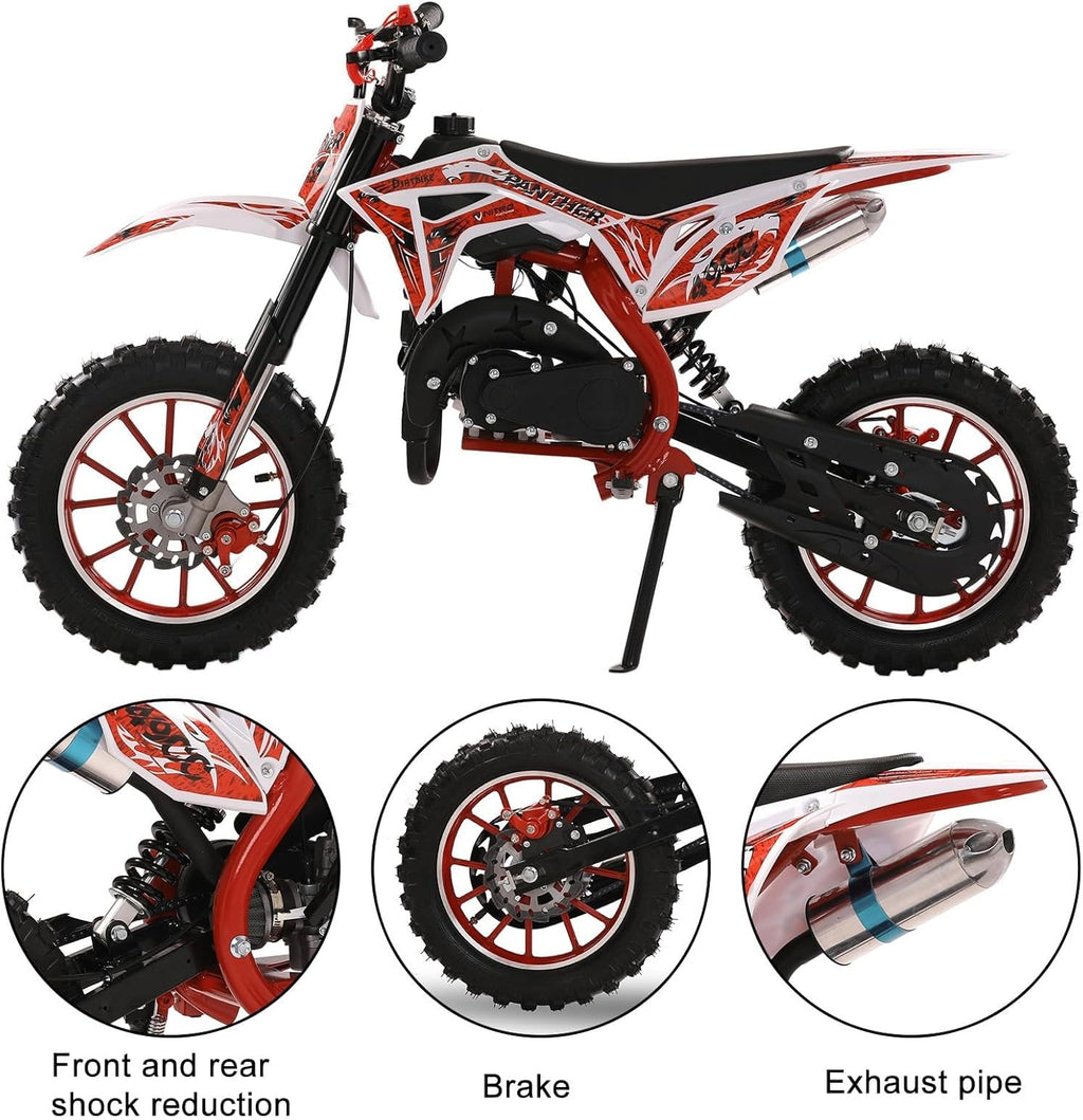 49cc Kids Dirt Bike, Gas Powered 2-Stroke Mini Motocross Motorcycle, Off-Road Dirtbike for Kids 8-14 with Front/Rear Disc Brakes, Shock Absorption, Soft Seat Cushion