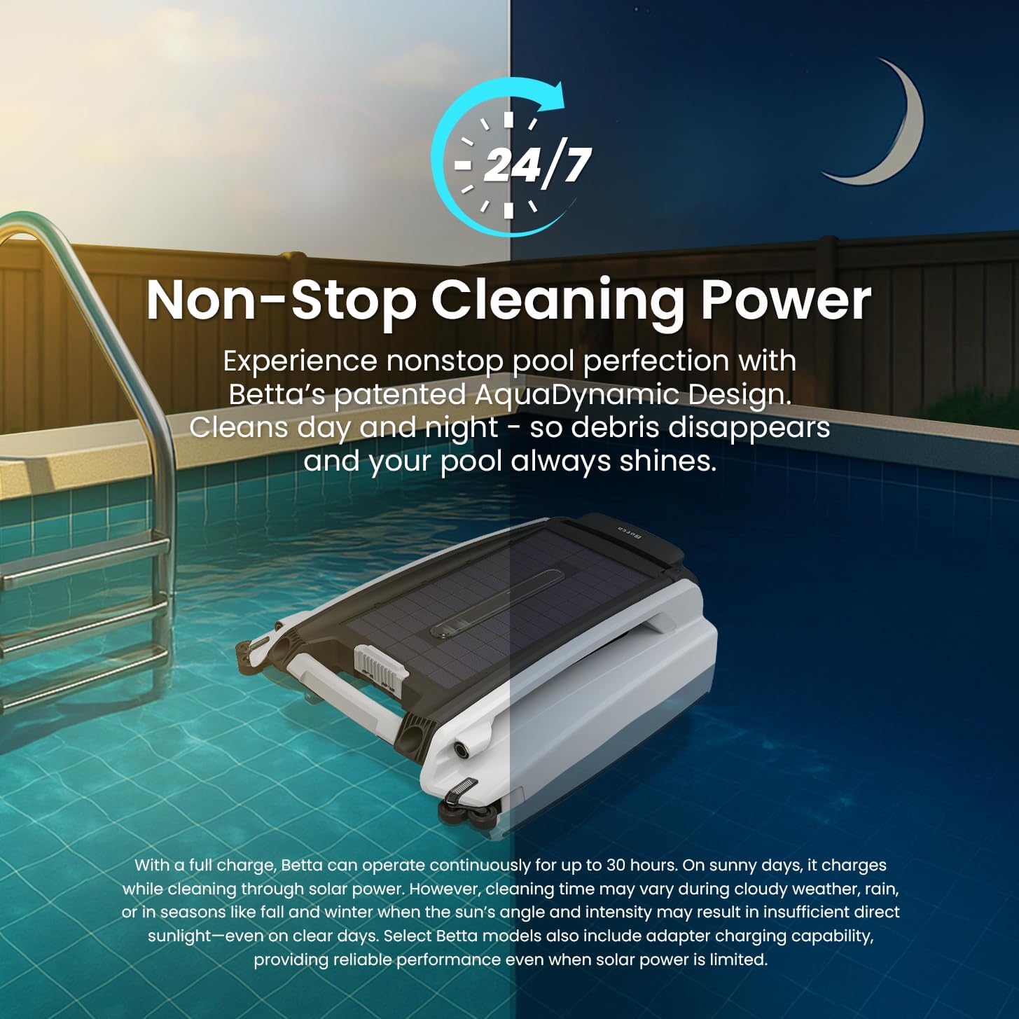 Solar Powered Automatic Robotic Pool Surface Skimmer Cleaner with 24/7 Continuous Cleaning Battery Power and Re-Engineered Twin Salt Chlorine Tolerant Motors (Blue)