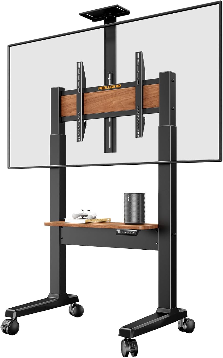 Motorized Mobile TV Stand on Wheels for 37–86 Inch TVs up to 154 lbs, Electric Height Adjustable Rolling TV Stand, VESA 200x200–600x400mm, Wooden Shelf & Panel, PGTVMC26B