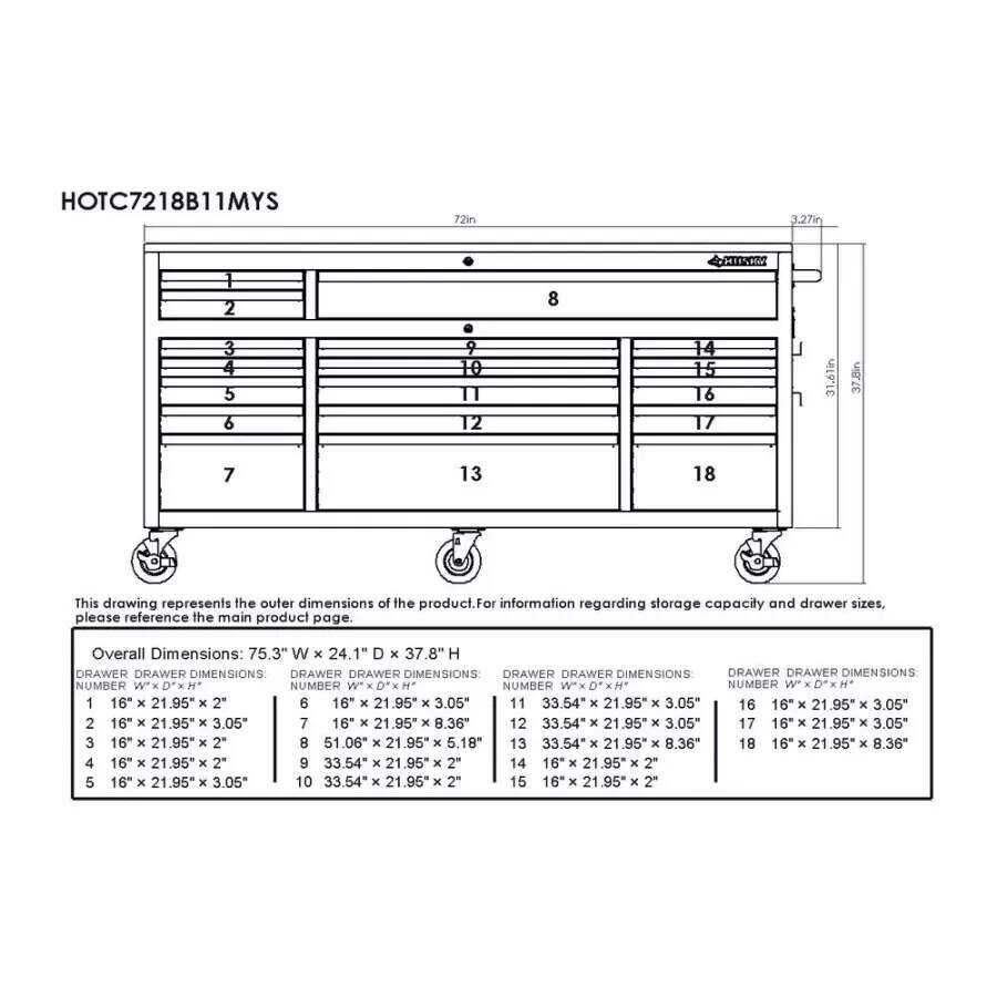 72 IN. 18-DRAWER MOBILE WORKBENCH WITH SOLID WOOD TOP, BLACK