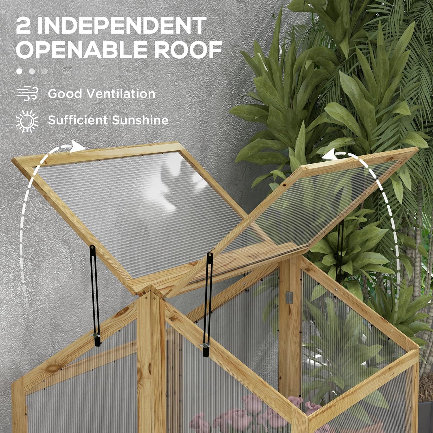 Raised Garden Bed with Polycarbonate Greenhouse, Wooden Cold Frame Greenhouse, Garden Flower Planter Protection, Peak Roof, 35.5" x 31.5" x 36", Natural