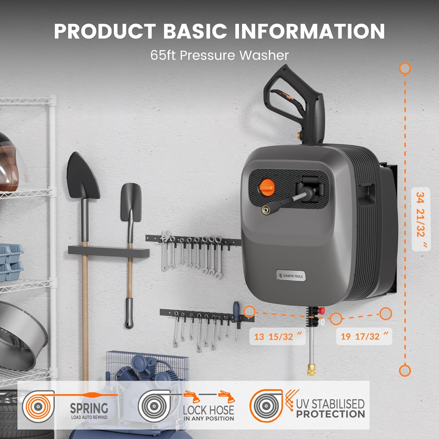 Pressure Washer G20 Pro, 2500 PSI 2.2 GPM, 180° Wall Mounted Power Washer, Auto-retract with 65FT Hose Reel, 5 Nozzles for Floor/Cars/Fences/Patios, Dark Silver