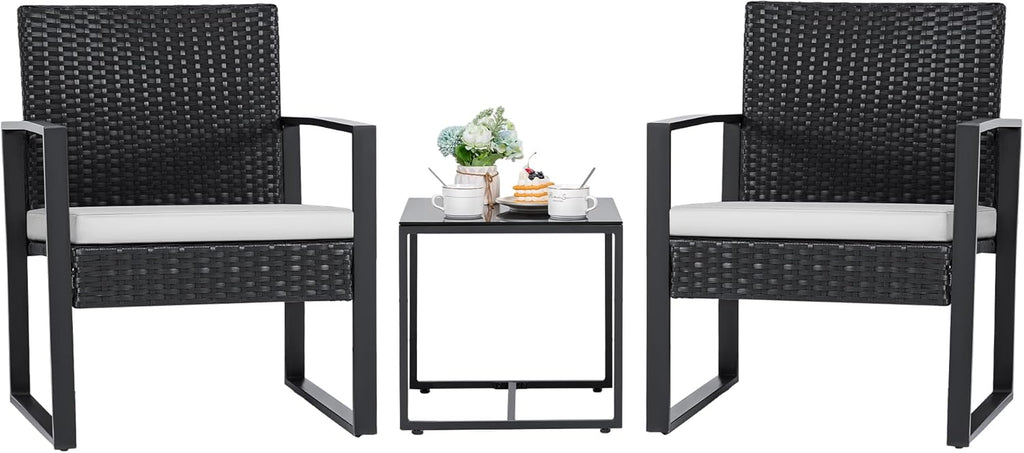 3 Pieces Patio Set Outdoor Wicker Furniture Sets Modern Rattan Chair Conversation Sets with Coffee Table for Yard and Bistro (Black)