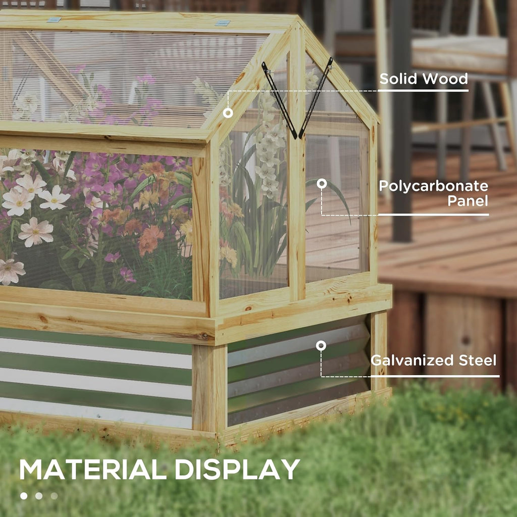 Raised Garden Bed with Polycarbonate Greenhouse, Wooden Cold Frame Greenhouse, Garden Flower Planter Protection, Peak Roof, 35.5" x 31.5" x 36", Natural