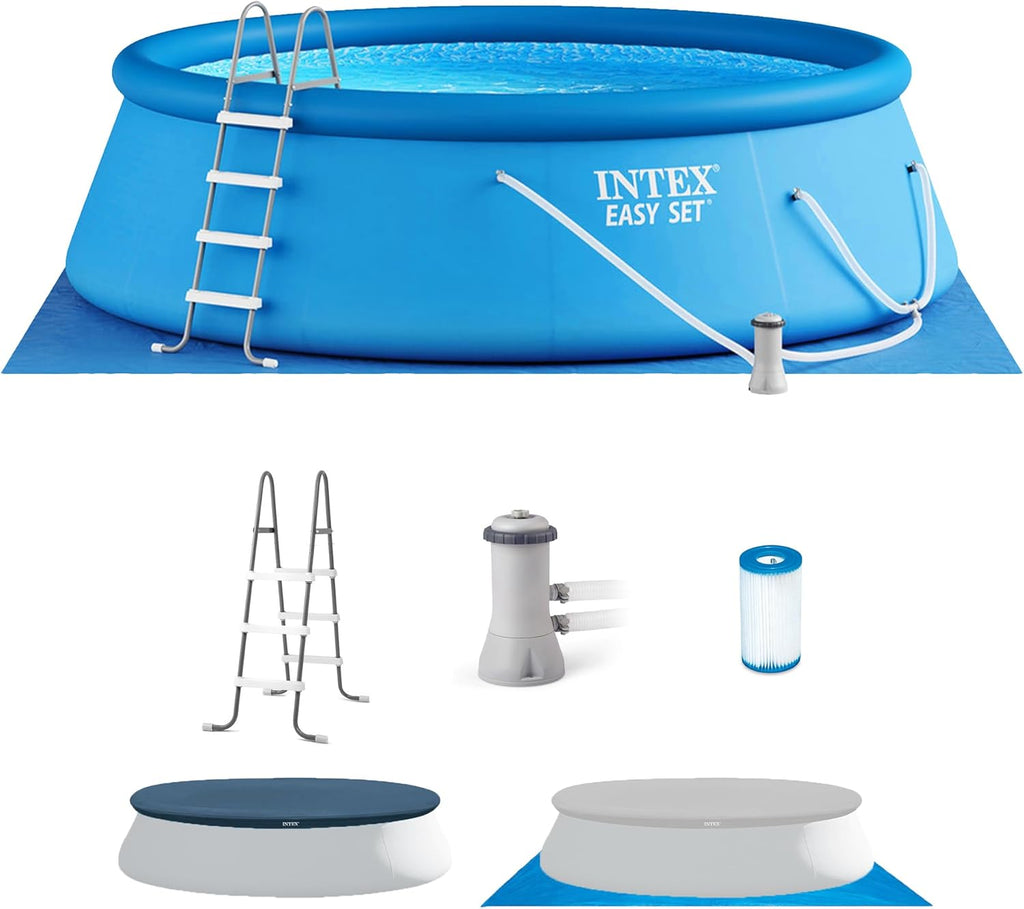 28167EH Easy Set Inflatable Swimming Pool Set: 15ft x 48in – Includes 1000 GPH Cartridge Filter Pump – Removable Ladder – Pool Cover – Ground Cloth