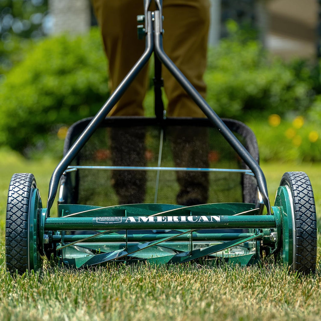 Mower Company 1725-16GC 16-inch 7-blade reel mower with grass debris collection device, designed specifically for lawns, green model