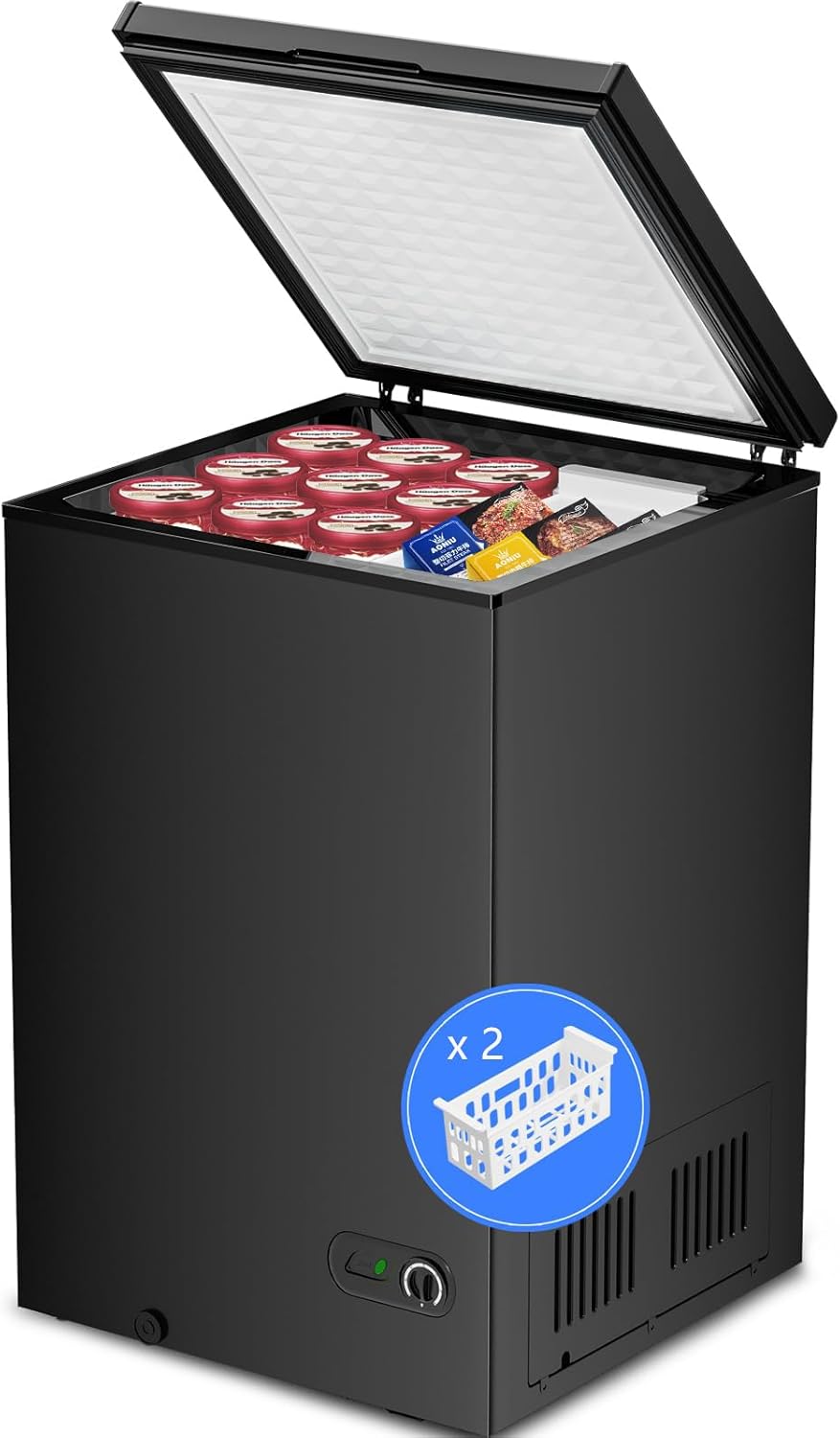 3.5 Cubic Feet Chest Freezer with 2 Removable Baskets Free Standing Top Open Door Compact Freezer with Adjustable Temperature for Home/Kitchen/Office/Bar (3.5 Cubic Feet, White)