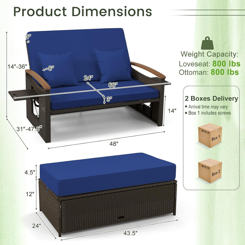 Moccha Outdoor Wicker Daybed, Patio Rattan Loveseat Sofa w/ 4-Level Adjustable Backrest, Folding Panels, Storage Ottoman & Cushions, Lounge Furniture Set for Poolside Backyard Porch (Beige)