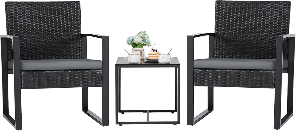 3 Pieces Patio Set Outdoor Wicker Furniture Sets Modern Rattan Chair Conversation Sets with Coffee Table for Yard and Bistro (Black)
