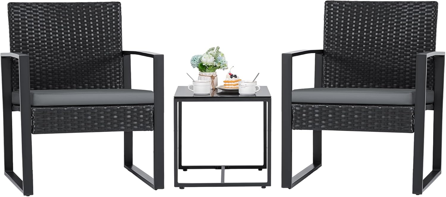 3 Pieces Patio Set Outdoor Wicker Furniture Sets Modern Rattan Chair Conversation Sets with Coffee Table for Yard and Bistro (Black)