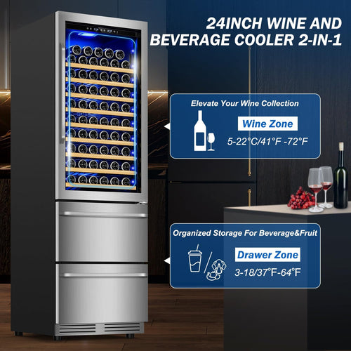 24 Inch Dual Drawer Fridge Under Counter with Wheels, Outdoor Beverage Refrigerator for Patio, Stainless Steel Weather-Proof, Freestanding or Built-In Installation, Ideal for Home and Commercial Use