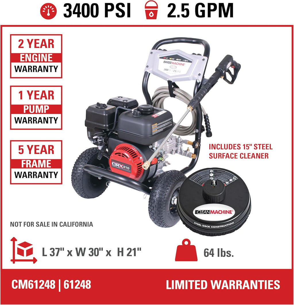 Cleaning CM61083 Clean Machine 3400 PSI Gas Pressure Washer, 2.5 GPM, CRX Engine, Includes Spray Gun and Wand, 4 QC Nozzle Tips, 5/16-in. x 25-ft. MorFlex Hose.