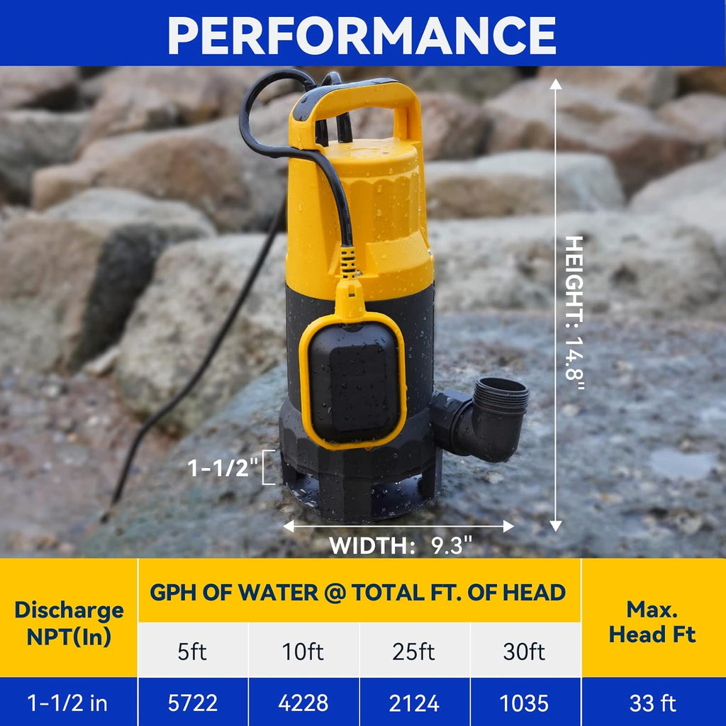3/4HP Submersible Sewage Effluent Pump, Cast Iron, 115V 6400 GPH Automatic Tethered Float Switch, Sump Pump for Sump Basin, Basement, Residential Sewage, 2'' NPT Discharge