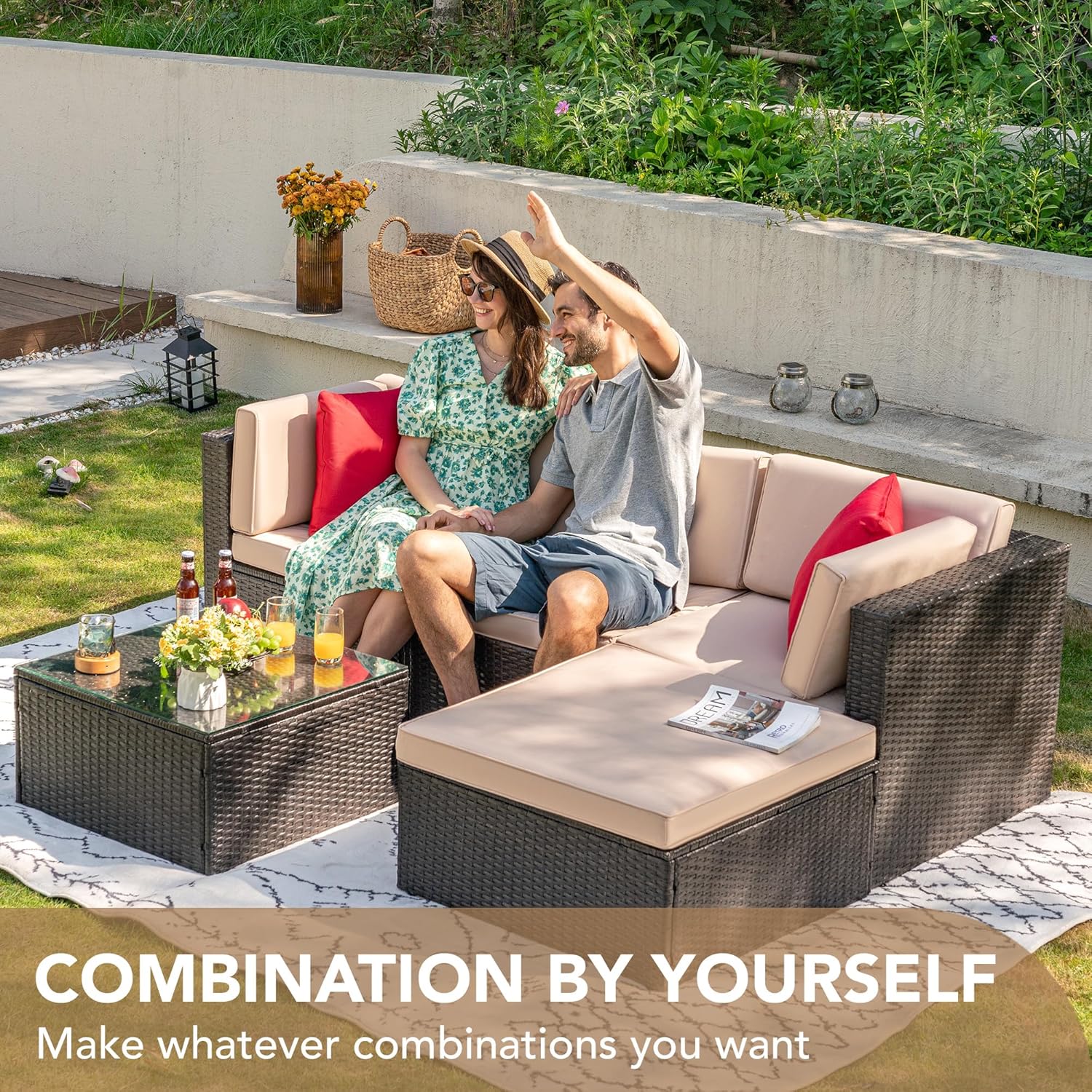 5 Pieces Patio Furniture Sets All Weather Outdoor Sectional Patio Sofa Manual Weaving Wicker Rattan Patio Seating Sofas with Cushion and Glass Table(Beige)