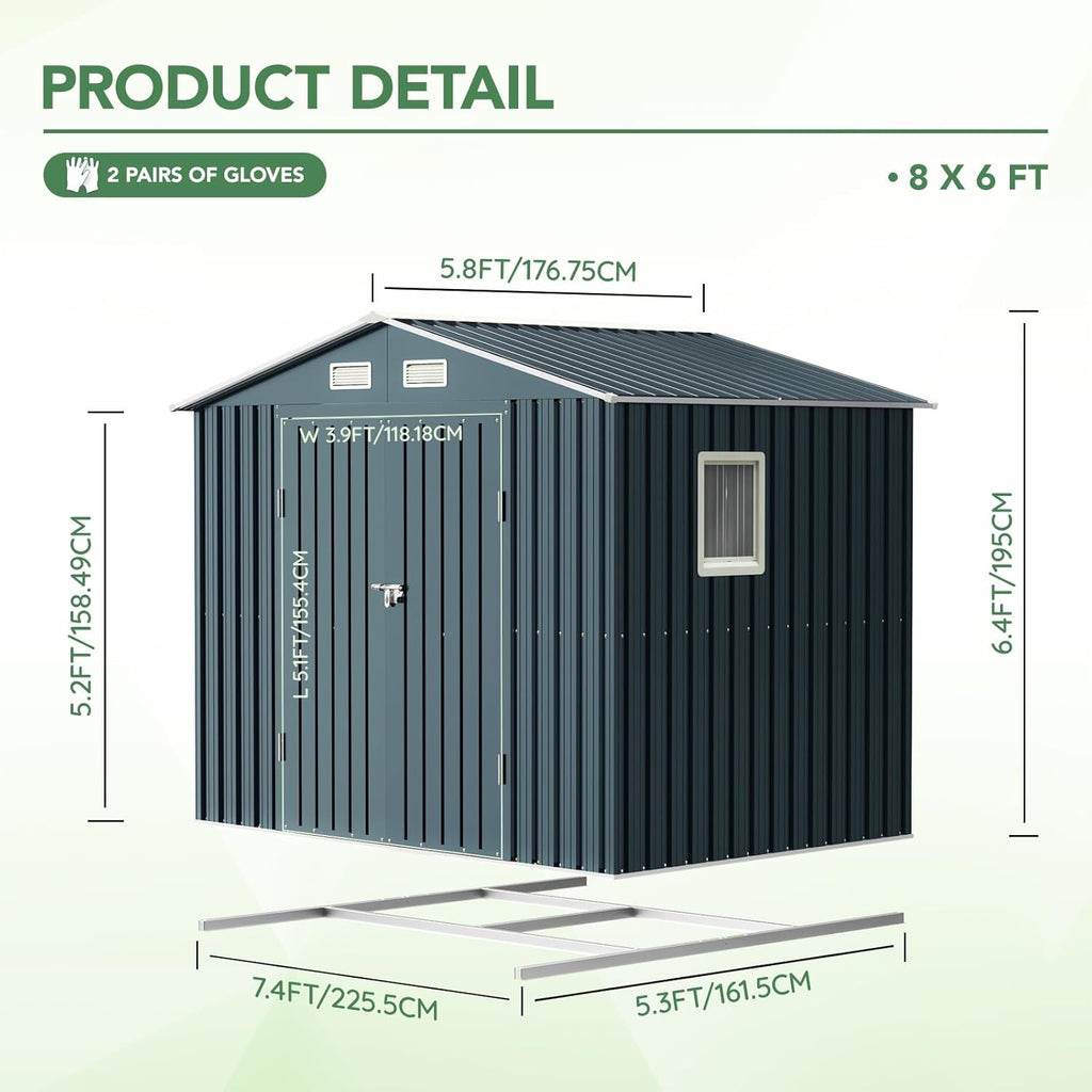 8x6FT Outdoor Steel Storage Shed with Clear Window, Lockable Doors, Weather-Resistant Metal Tool Shed for Garden, Backyard, Patio, and Utility Storage