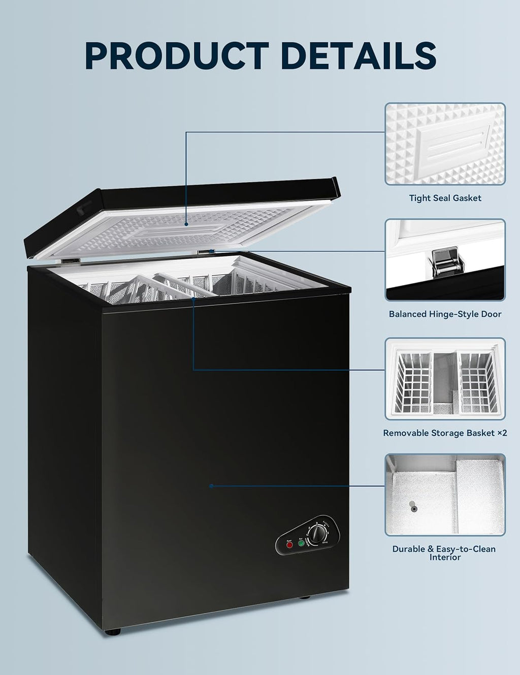 7.0 Cu Ft Chest Freezer - Energy Efficient & Quiet Mini Freezer with Adjustable Thermostat - Compact Deep Freezer for Home, Apartment, and Garage - Removable Basket & Defrost Drain