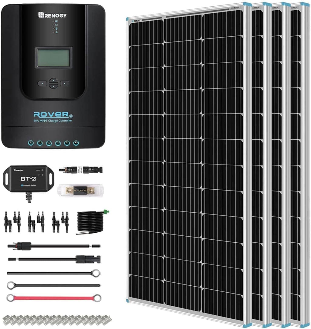 400 Watt 12 Volt Premium 4 Pcs 100W Panel+40A MPPT Charge Controller+ Bluetooth Module Fuse+ Mounting Z Brackets+Adaptor Kit +Tray Cables Set, 400W, Grid 12V Solar Power System