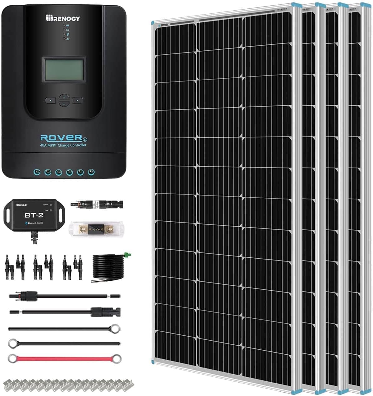 400 Watt 12 Volt Premium 4 Pcs 100W Panel+40A MPPT Charge Controller+ Bluetooth Module Fuse+ Mounting Z Brackets+Adaptor Kit +Tray Cables Set, 400W, Grid 12V Solar Power System
