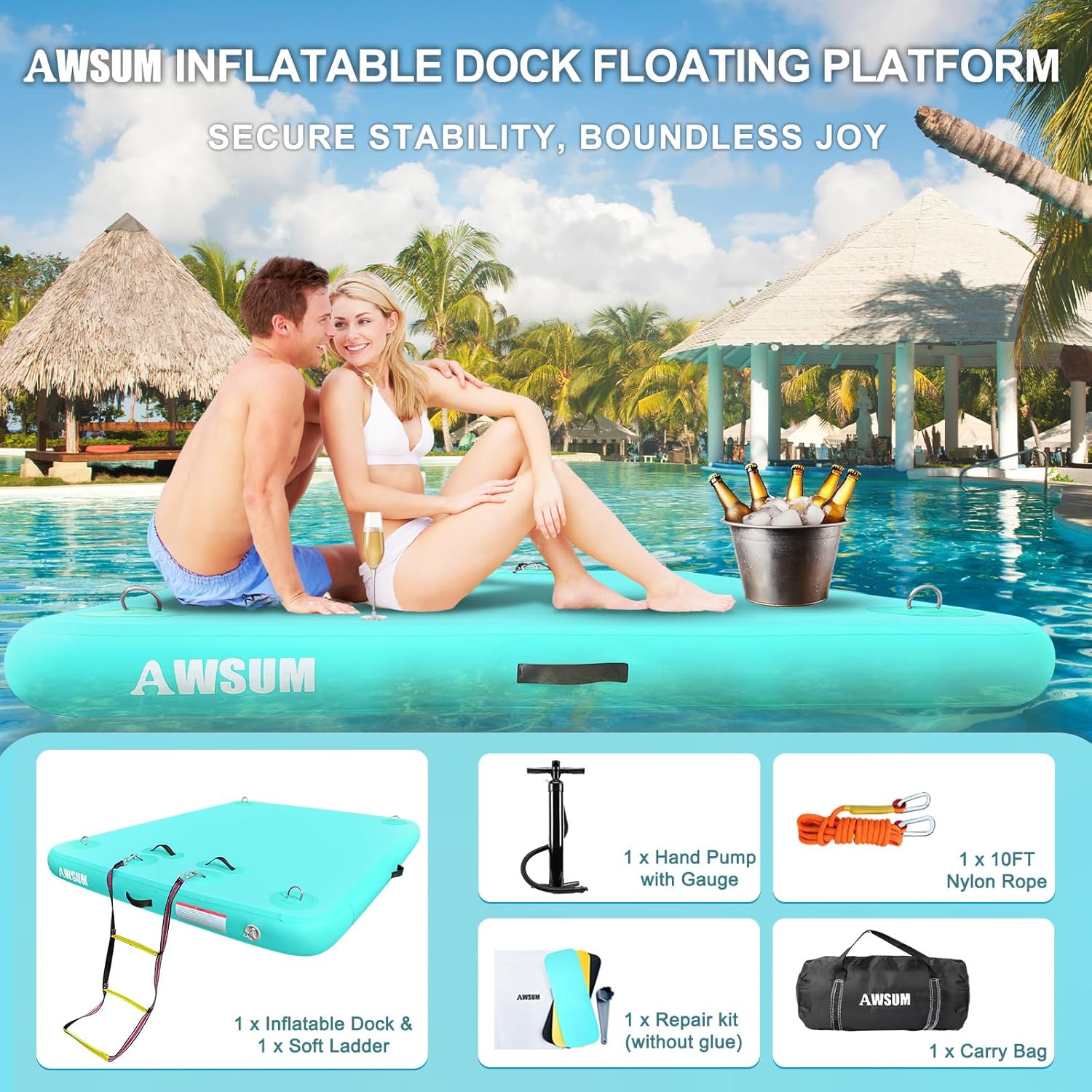 Inflatable Floating Dock Air Dock Platform Floating Island Raft with None-Slip Surface for Pool Beach Ocean