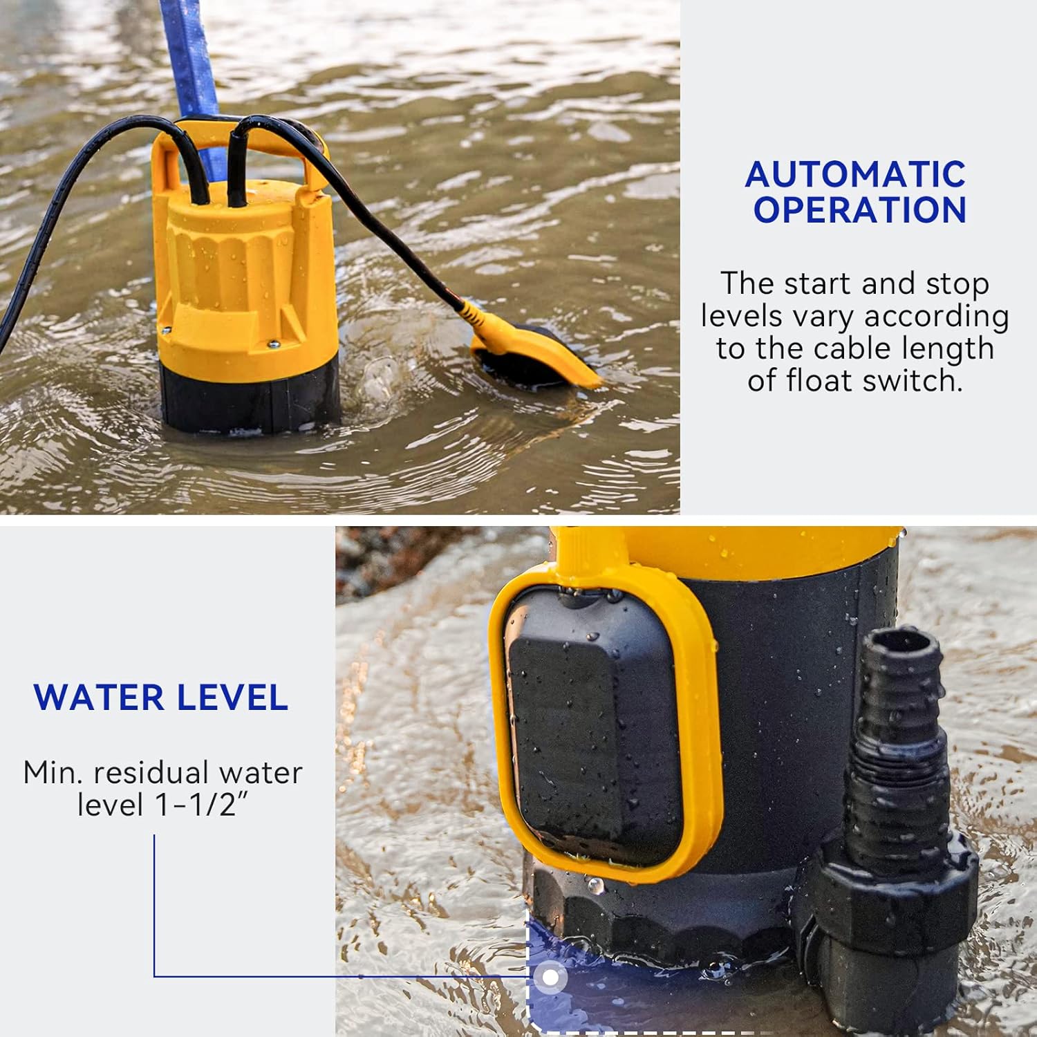 3/4HP Submersible Sewage Effluent Pump, Cast Iron, 115V 6400 GPH Automatic Tethered Float Switch, Sump Pump for Sump Basin, Basement, Residential Sewage, 2'' NPT Discharge