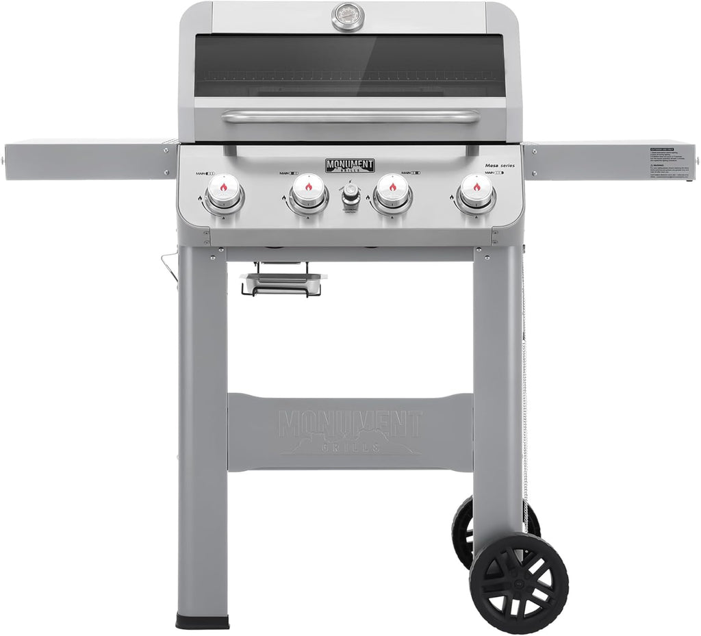 Grills 4-Burner Liquid Propane Gas Grill, Silver Stainless Steel Grill Outdoor Patio Garden Barbecue Grill with Clearview® Lid and One Foldable Shelf, Mesa400MF
