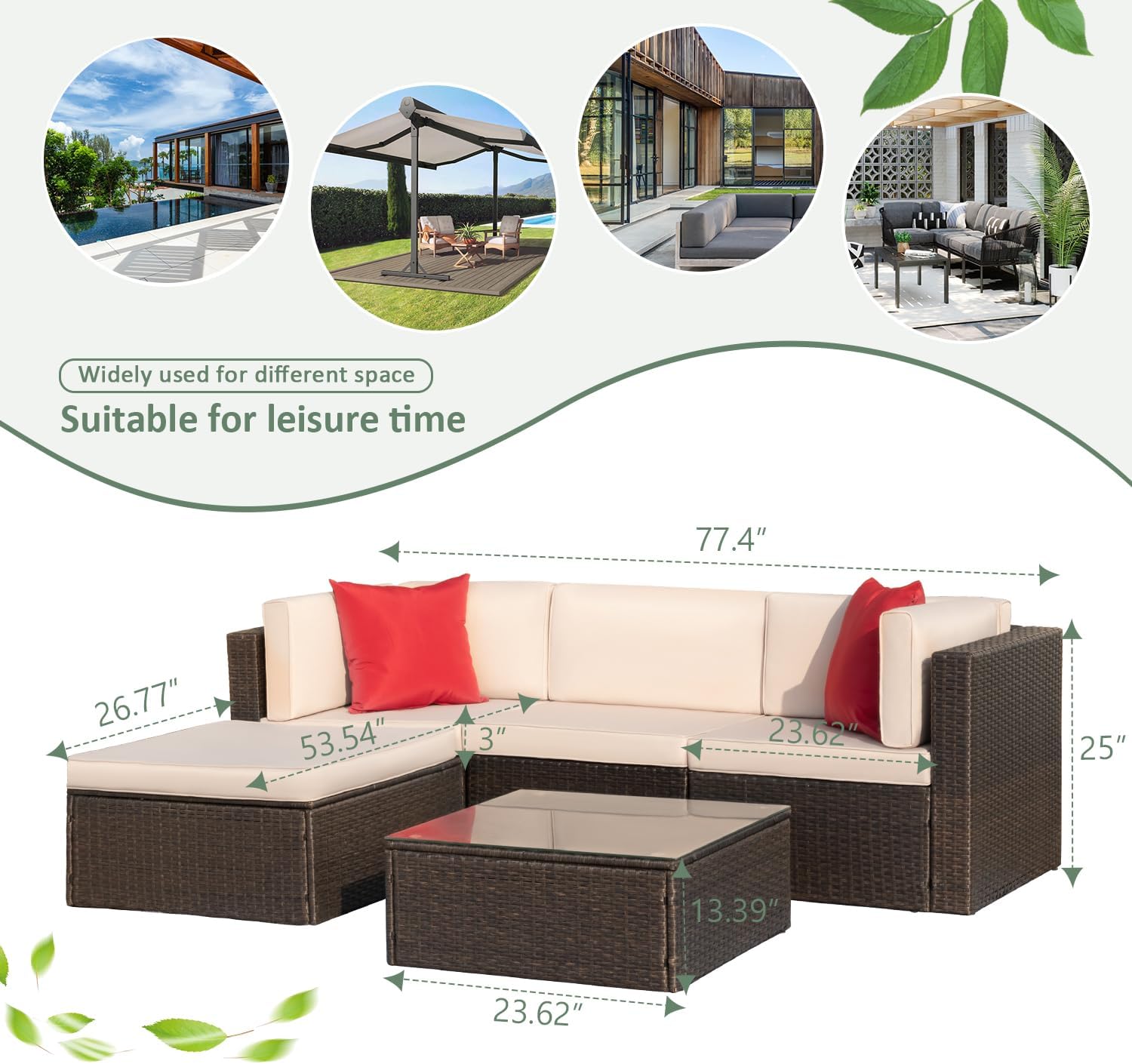 5 Pieces Patio Furniture Sets All Weather Outdoor Sectional Patio Sofa Manual Weaving Wicker Rattan Patio Seating Sofas with Cushion and Glass Table(Beige)