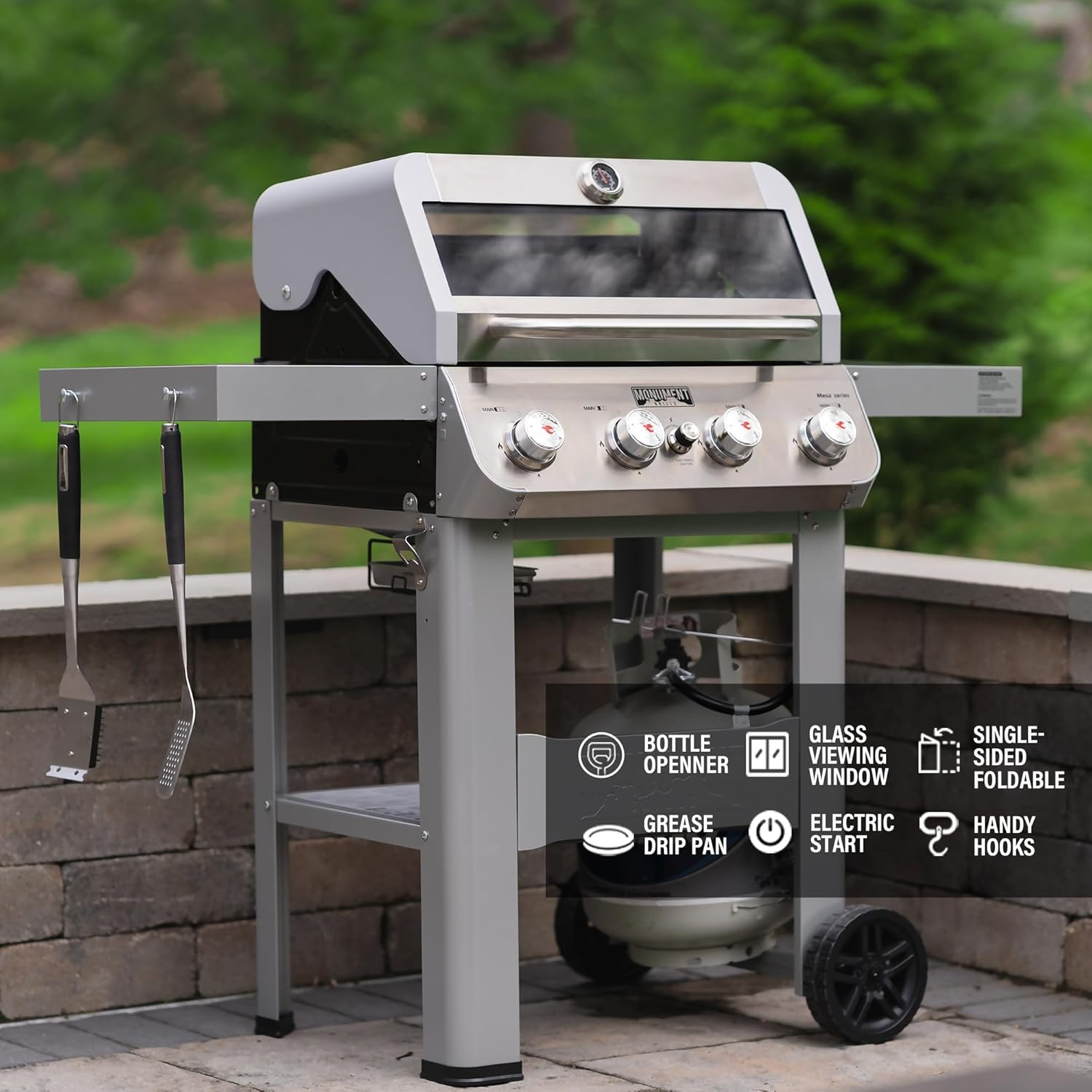 Grills 4-Burner Liquid Propane Gas Grill, Silver Stainless Steel Grill Outdoor Patio Garden Barbecue Grill with Clearview® Lid and One Foldable Shelf, Mesa400MF