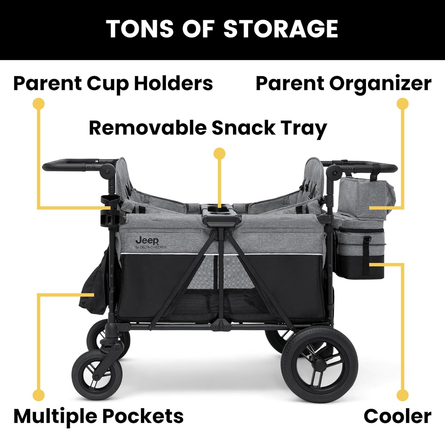 Luxurious 4-seater children's stroller - A high-end 4-seater children's stroller specially designed for 4 children, equipped with convertible seats, adjustable push-pull handles, detachable sunshade, and flat folding device. The color is grey.