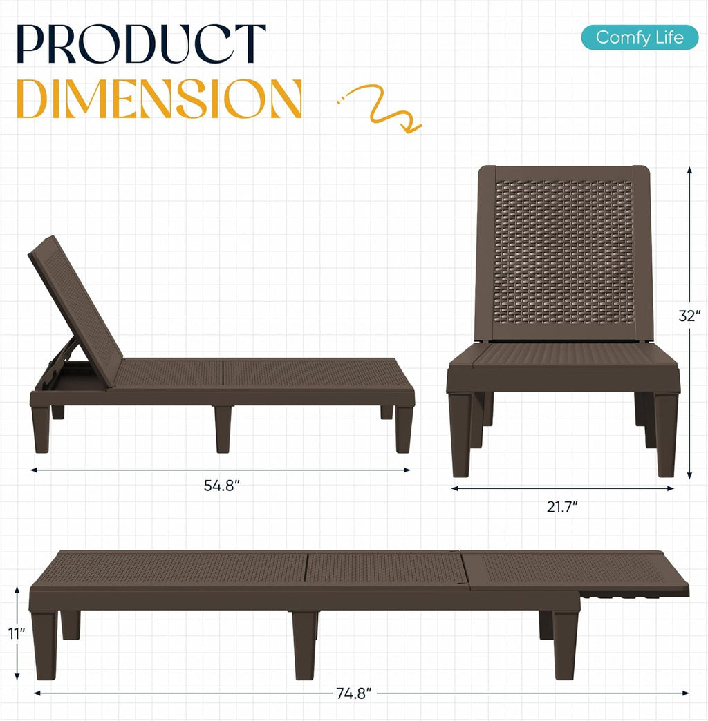 Outdoor Chaise Lounge Chair Set of 2 for Patio Poolside, Waterproof & Adjustable & Easy Assembly Sun Lounger for Outside Deck, Pool, Beach, Black
