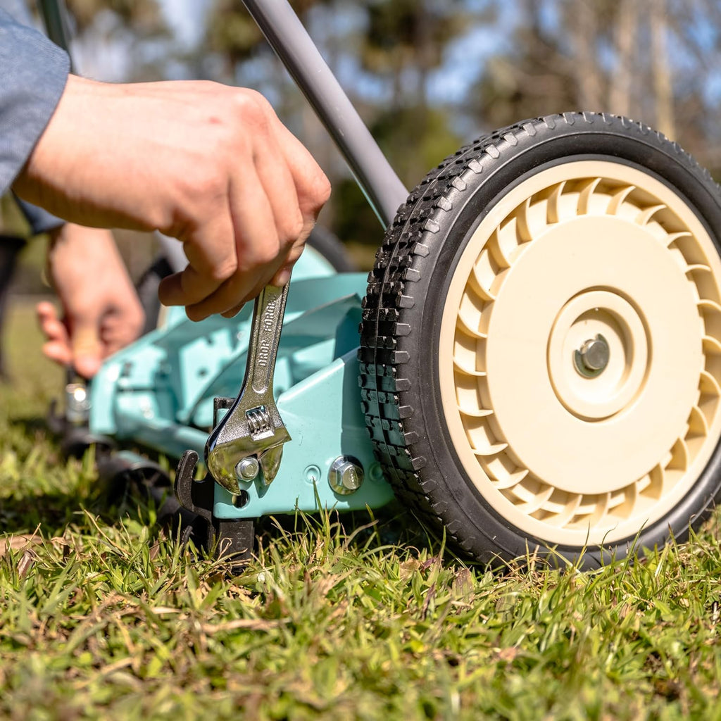 Mower Company 1725-16GC 16-inch 7-blade reel mower with grass debris collection device, designed specifically for lawns, green model