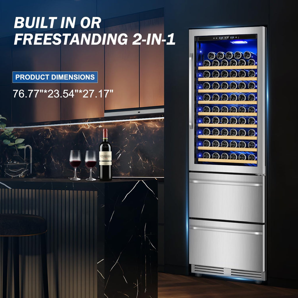 24 Inch Dual Drawer Fridge Under Counter with Wheels, Outdoor Beverage Refrigerator for Patio, Stainless Steel Weather-Proof, Freestanding or Built-In Installation, Ideal for Home and Commercial Use