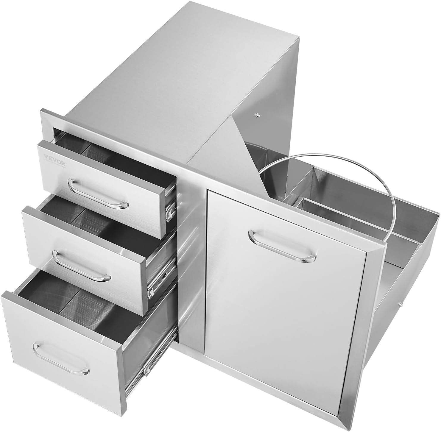 Pull Out Trash Drawer 13.4"W x 25.7"H x 19.6"D Lower Sliding Rails Stainless Steel Roll Out Trash Bin Pull Out Tray Outdoor Kitchen Trash Drawer with Handle for BBQ Island Grill Station