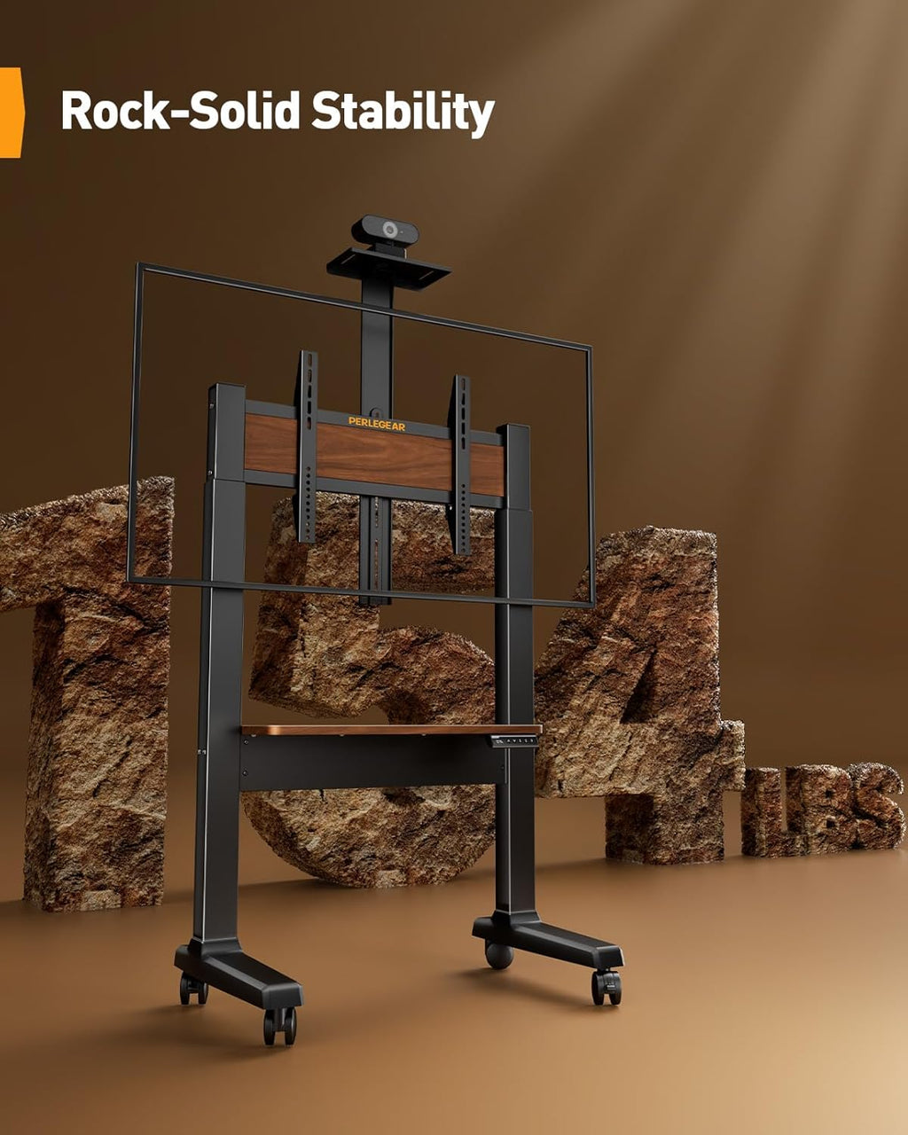 Motorized Mobile TV Stand on Wheels for 37–86 Inch TVs up to 154 lbs, Electric Height Adjustable Rolling TV Stand, VESA 200x200–600x400mm, Wooden Shelf & Panel, PGTVMC26B
