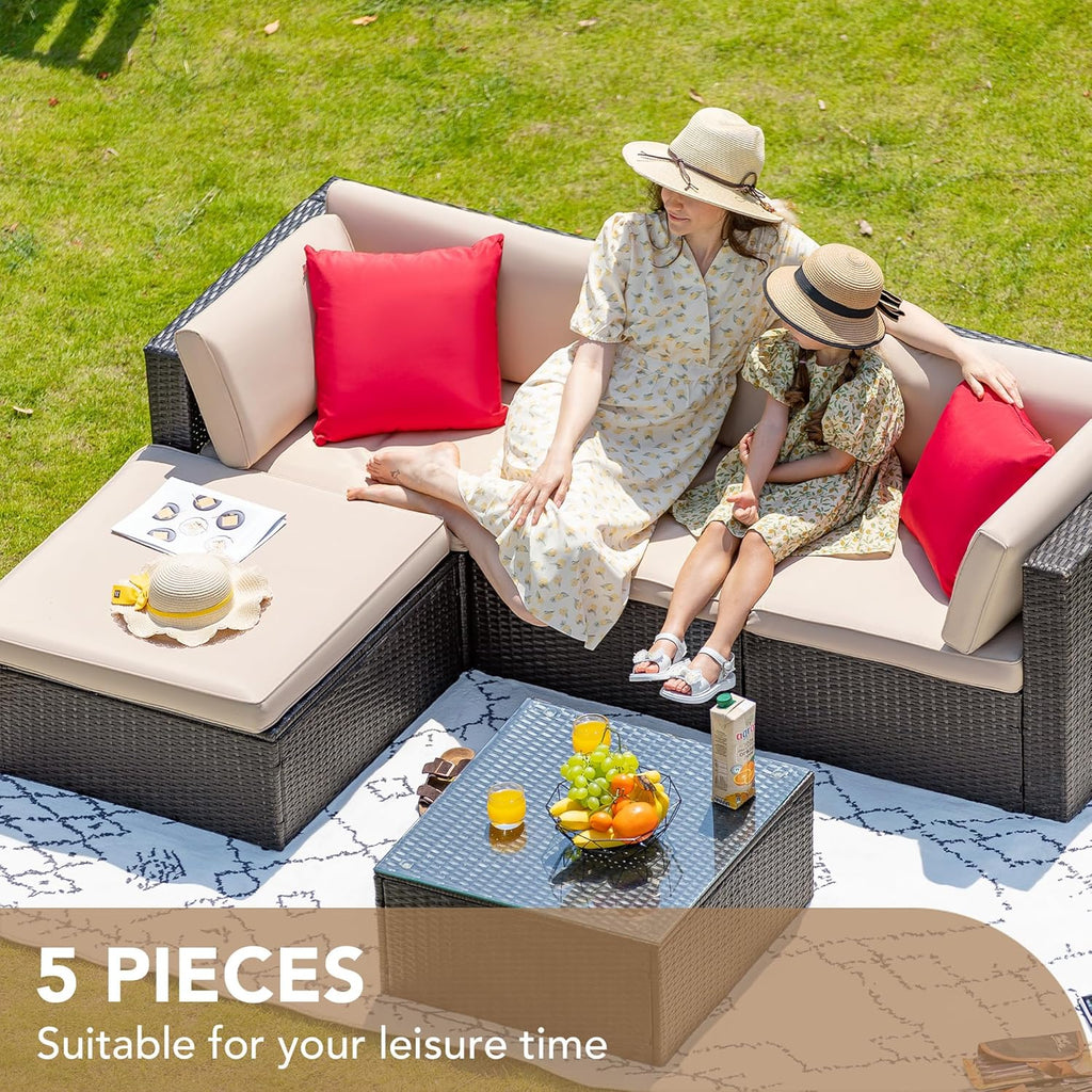 5 Pieces Patio Furniture Sets All Weather Outdoor Sectional Patio Sofa Manual Weaving Wicker Rattan Patio Seating Sofas with Cushion and Glass Table(Beige)
