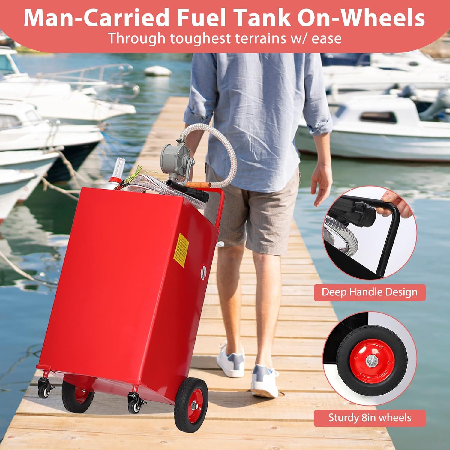 30 Gallon Fuel Caddy, Fuel Tank with Manual Transfer Pump for Gasoline & Diesel, Durable 4-Wheel Design, Mobile Fuel Storage for Cars, Trucks, Boats, Lawn Mowers, Red