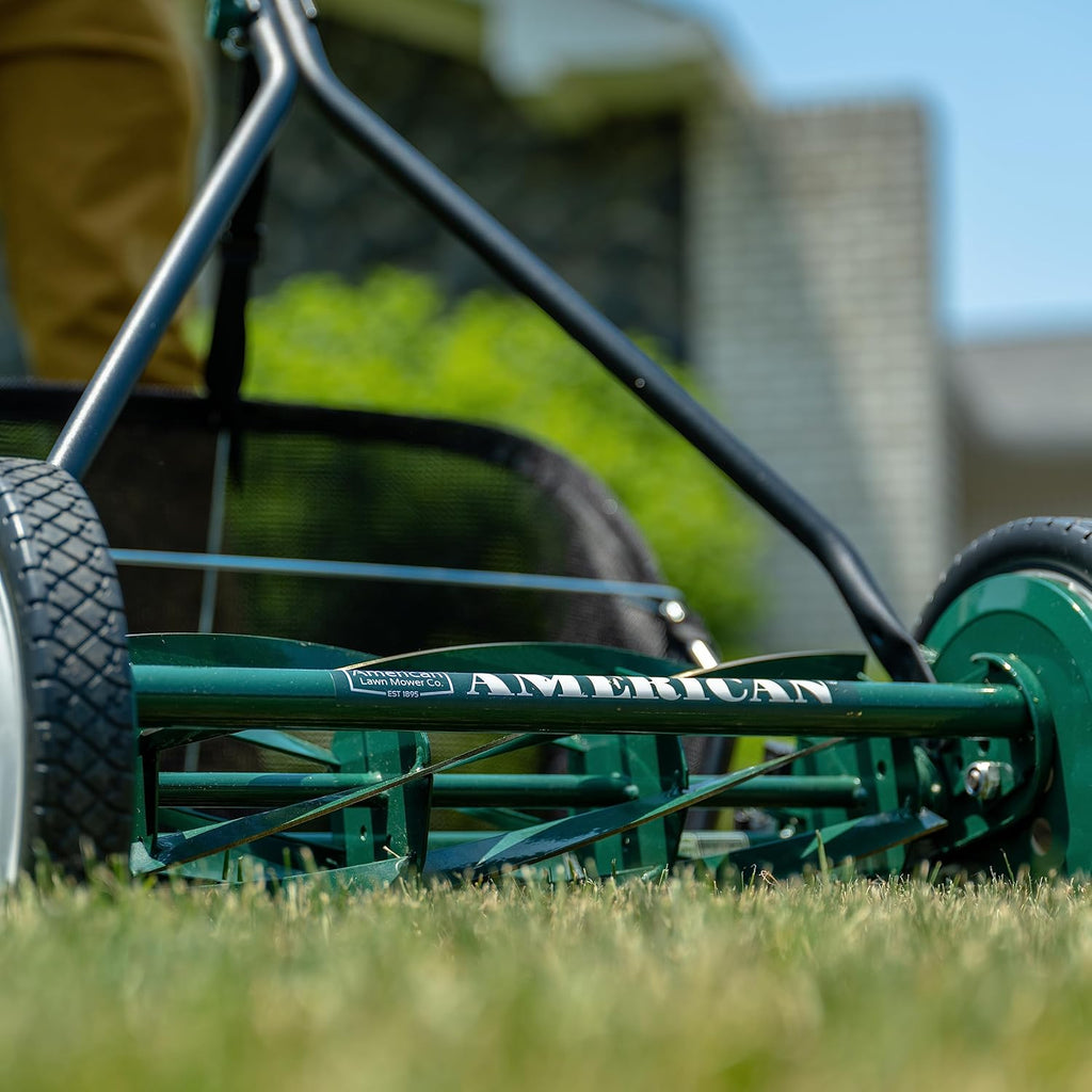 Mower Company 1725-16GC 16-inch 7-blade reel mower with grass debris collection device, designed specifically for lawns, green model
