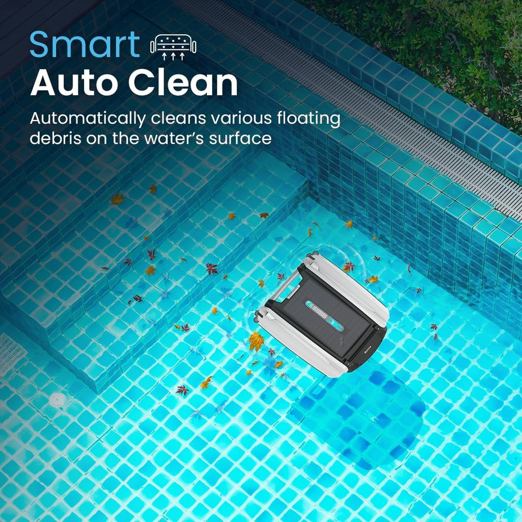 Solar Powered Automatic Robotic Pool Surface Skimmer Cleaner with 24/7 Continuous Cleaning Battery Power and Re-Engineered Twin Salt Chlorine Tolerant Motors (Blue)