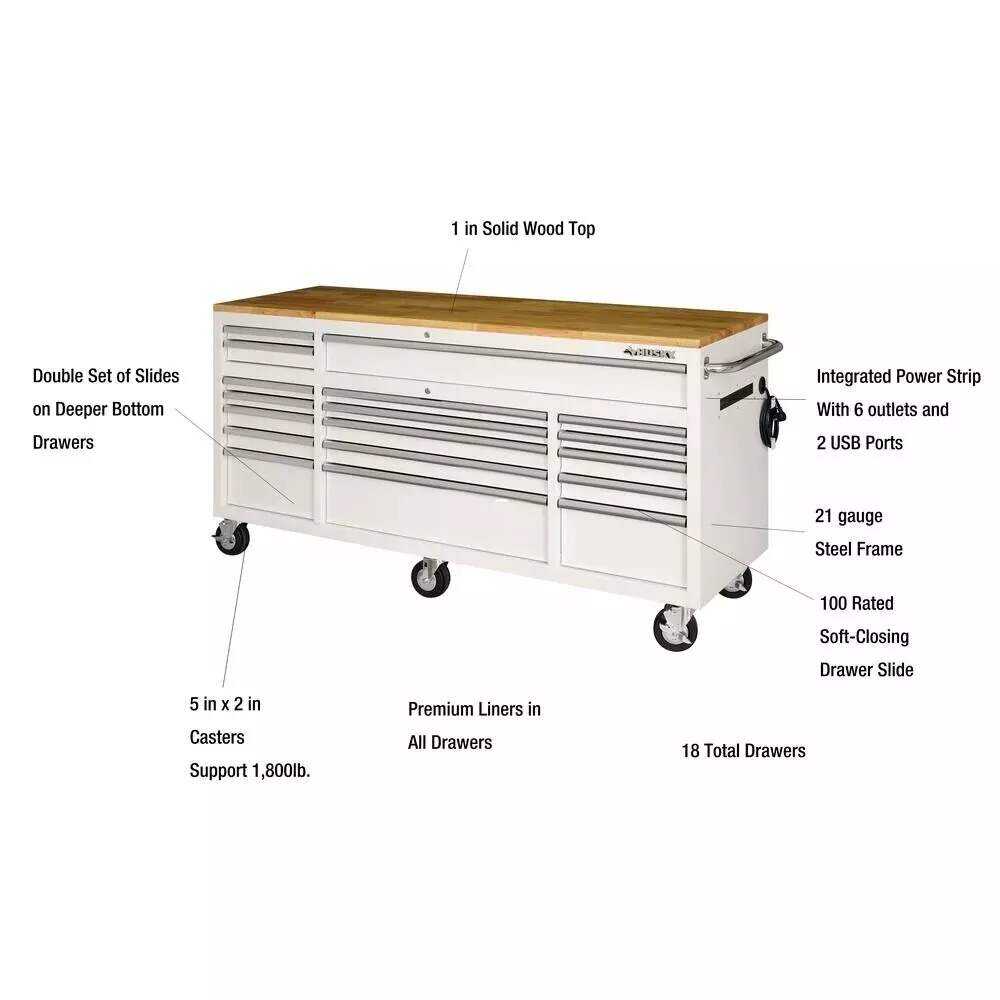 72 IN. 18-DRAWER MOBILE WORKBENCH WITH SOLID WOOD TOP, BLACK