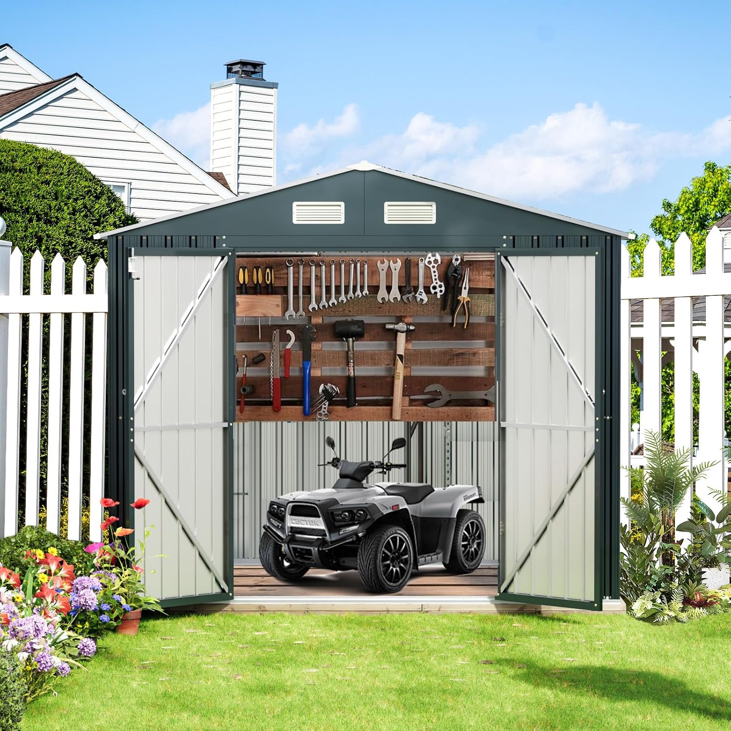 8x6FT Outdoor Steel Storage Shed with Clear Window, Lockable Doors, Weather-Resistant Metal Tool Shed for Garden, Backyard, Patio, and Utility Storage